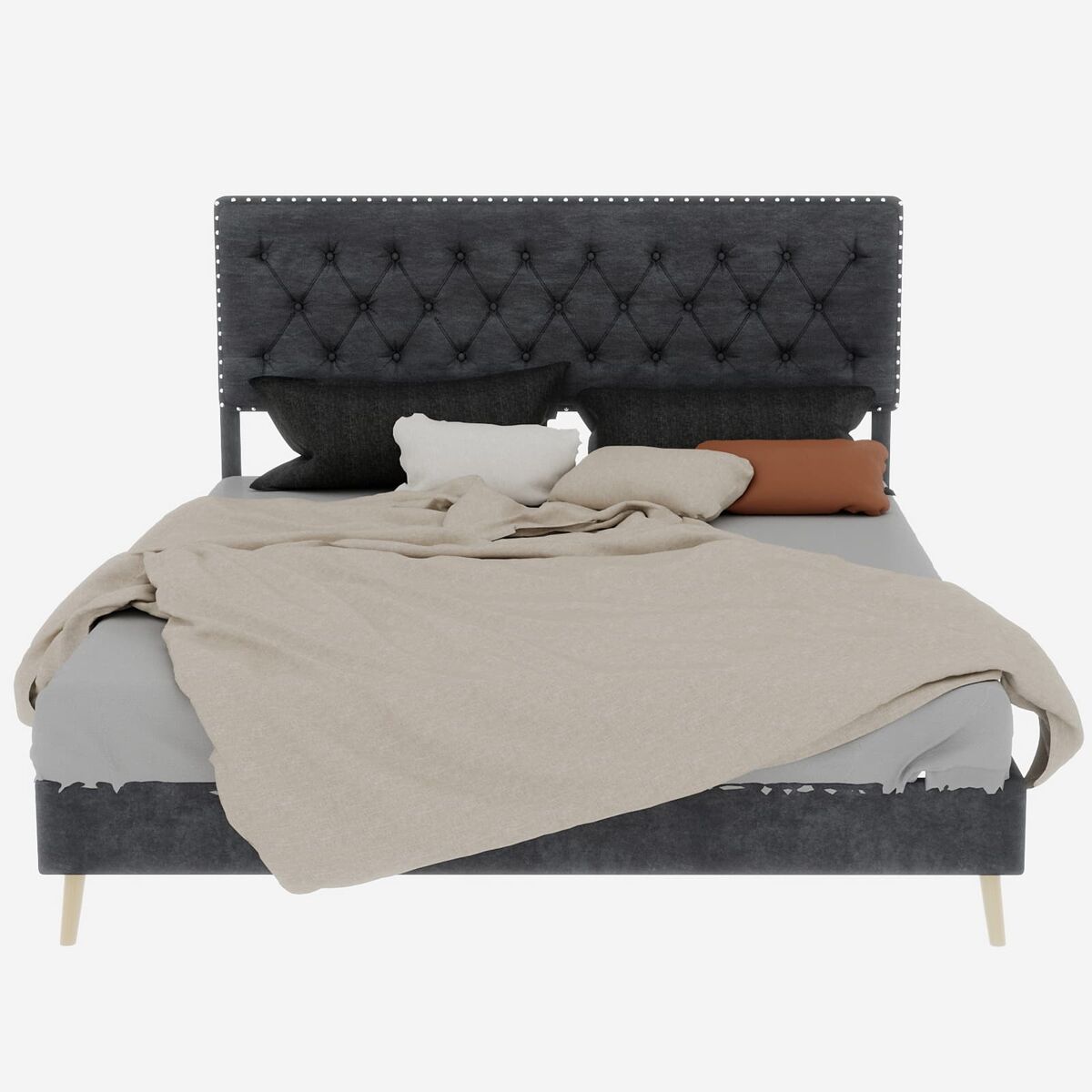 Cama moderna minimalista 160x200 - cabeceira confortável e macia, estrutura baixa - cinzenta