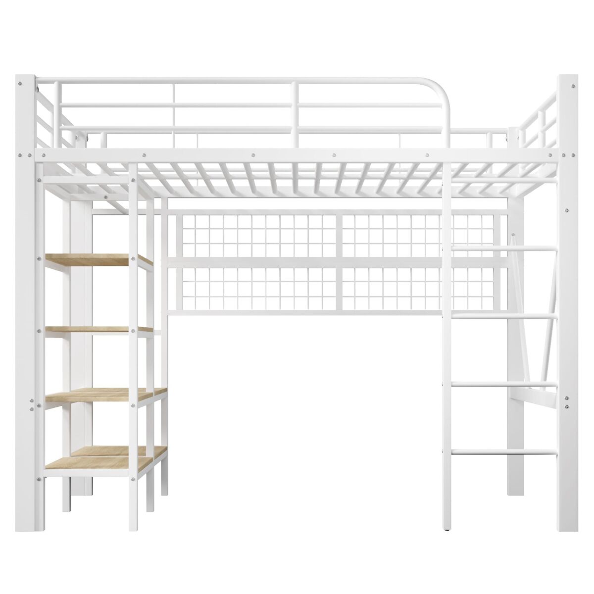 Cama alta 90x200 cm - estrutura metálica, prateleira, rede para pendurar, barra para roupa, espaço livre, led - branco