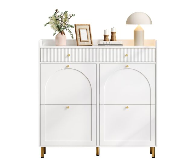 Sapateira estreita 106,5x25x105,5 cm - 4 portas batentes, 2 gavetas, puxadores metálicos - branco