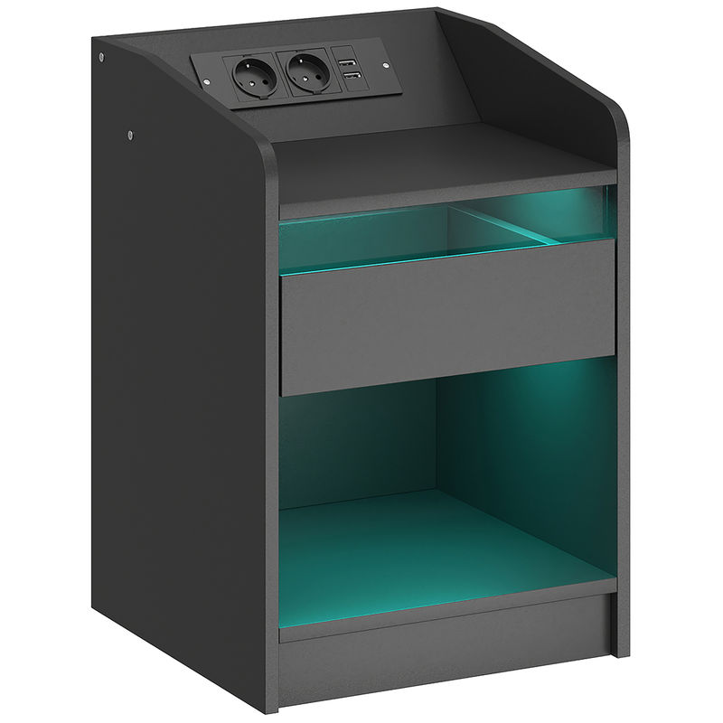 Homcom mesa de cabeceira com luzes led mesa de cabeceira com gaveta prateleira estação de carregamento entrada usb e controlo remoto 40x40x58 cm