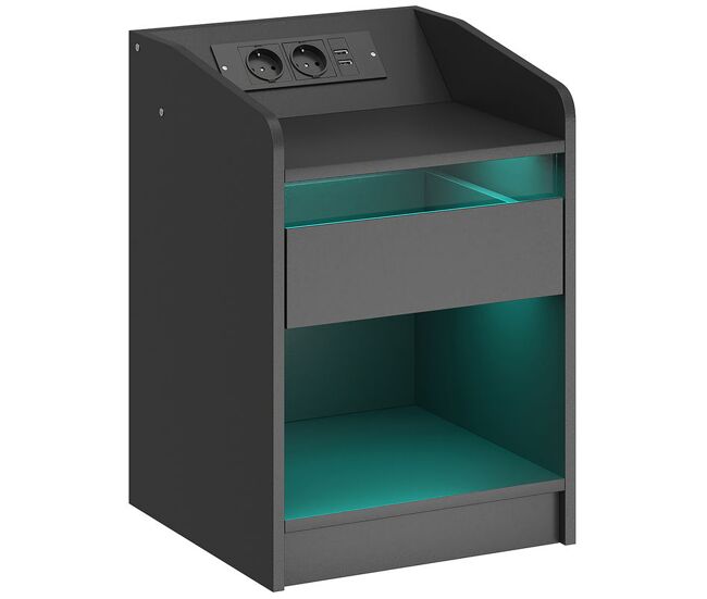 Homcom mesa de cabeceira com luzes led mesa de cabeceira com gaveta prateleira estação de carregamento entrada usb e controlo remoto 40x40x58 cm