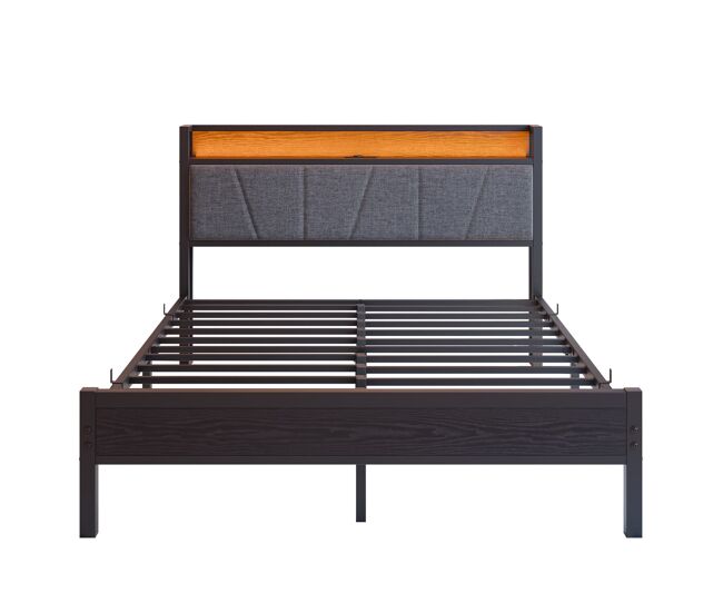 Cama 140x200cm - cabeceira com led e usb, plataforma metálica resistente - preto