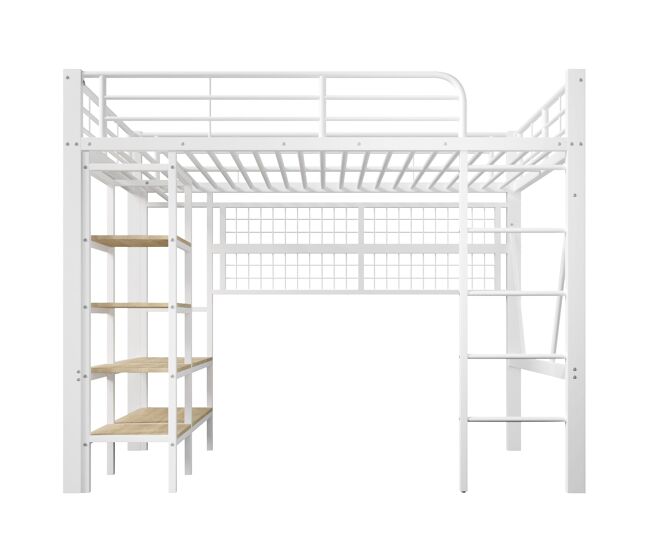Cama alta 140x200 cm - estrutura metálica, prateleira, barra para pendurar, espaço livre, faixa led - branco