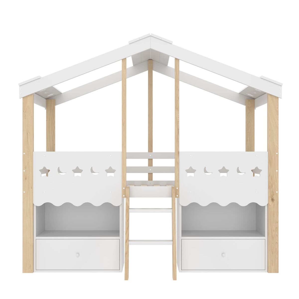 Cama semi-alta 90x200 cm - casa, 2 gavetas, luz led, sem colchão - branco + natural