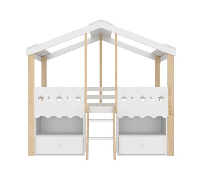 Cama semi-alta 90x200 cm - casa, 2 gavetas, luz led, sem colchão - branco + natural