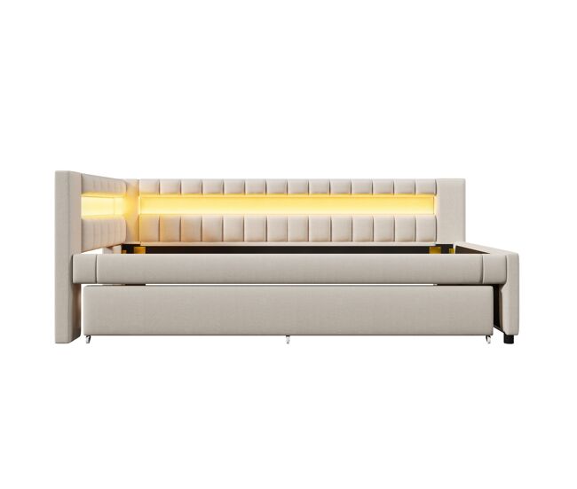 Daybett 90x200 cm - sofá-cama com led, cama extraível, usb/type-c - linho bege