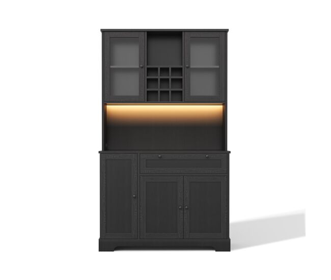 Armário alto de cozinha 180x105x40 cm - vitrine com prateleiras ajustáveis, led, tomada - preto