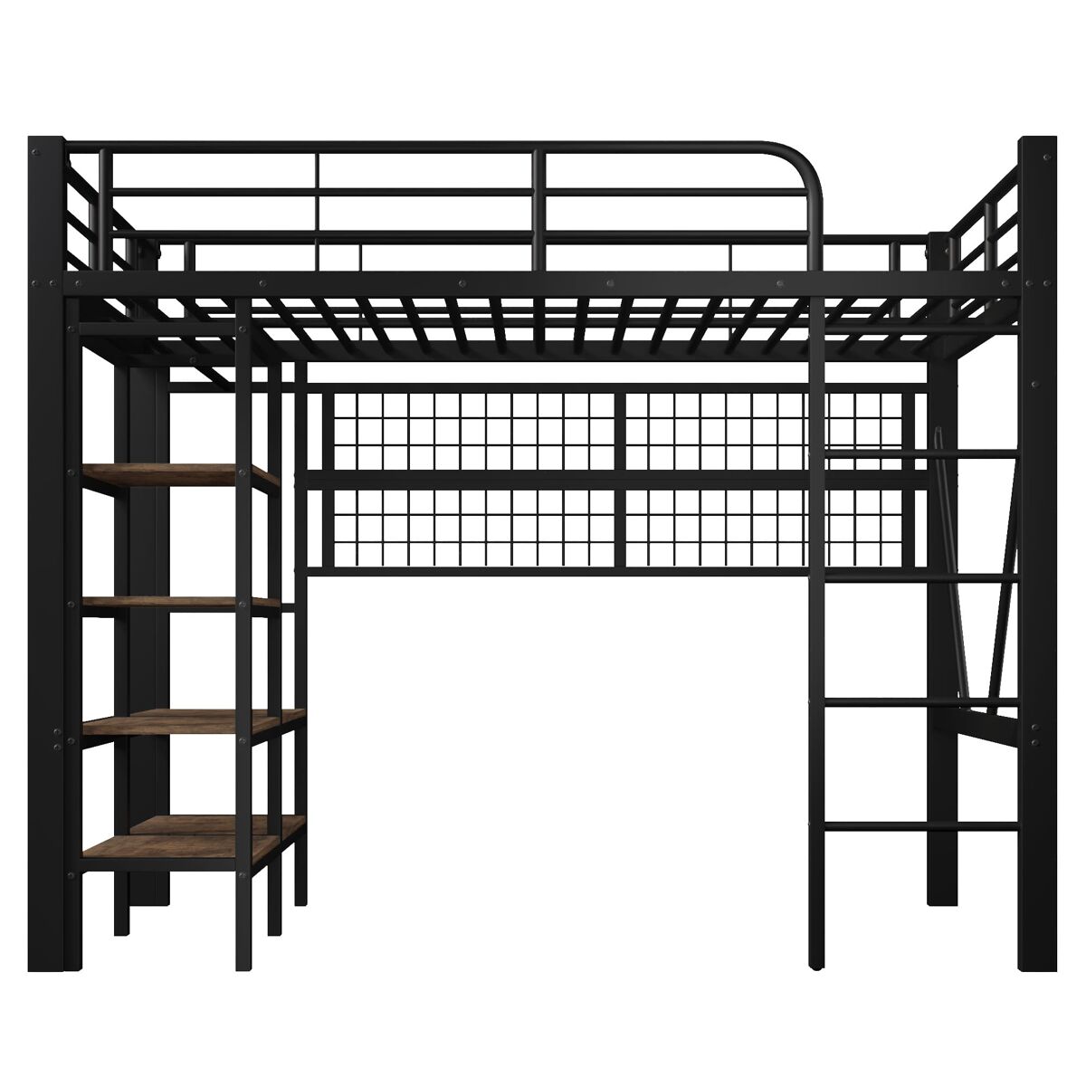 Cama alta 90x200 cm - estrutura metálica, com prateleira, rede para pendurar, barra para roupa, espaço aberto, luzes led - preto