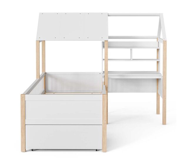 Cama infantil 90x200 cm - com proteção contra quedas, secretária em l, estante, gavetas com rodas - branco