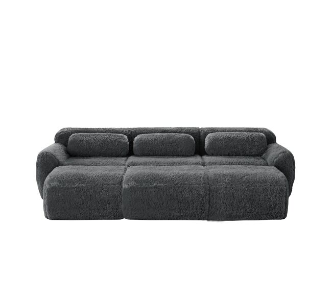 Sofá modular - 3 lugares - tecido felpudo macio, 3 pufes, sofá-cama confortável - cinza