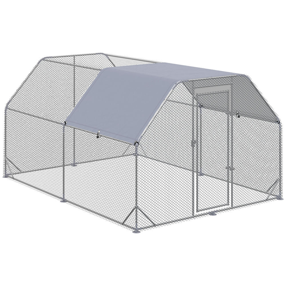 Pawhut galinheiro exterior grande walk-in, 2,8x3,8x1,95 m, galinheiro para 10-12 galinhas em aço galvanizado com 2 divisões, toldo oxford anti-uv,