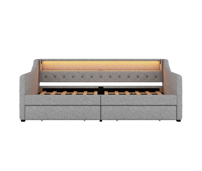 Cama de dia 90x200 cm - sofá-cama com duas gavetas, luz ambiente com controlo remoto, porta usb - cinza