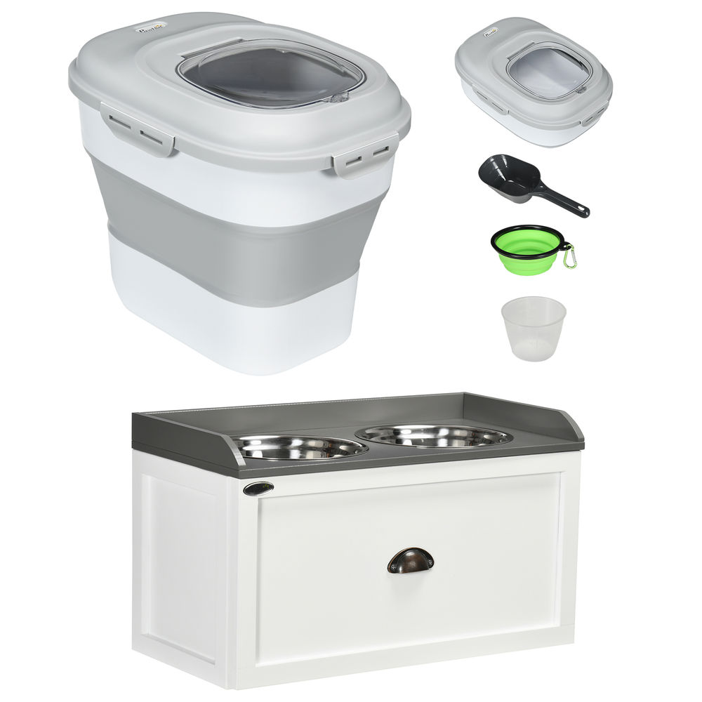 Conjunto Comedouro Contenedor MDF, Aço Inoxidável PawHut
