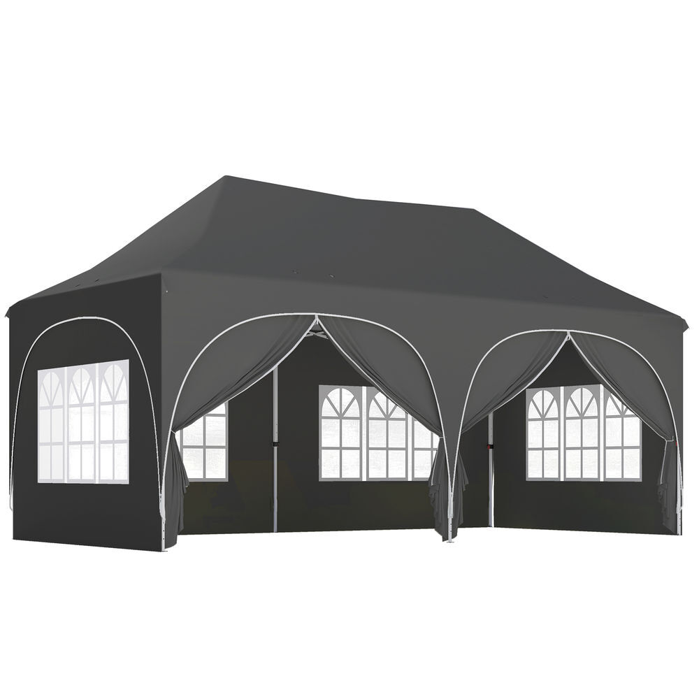 Outsunny tenda dobrável 6x3 m tenda pop-up com 6 laterais removíveis altura ajustável janelas bolsa de transporte upf30+ tenda para campismo festas exterior cinzento escuro