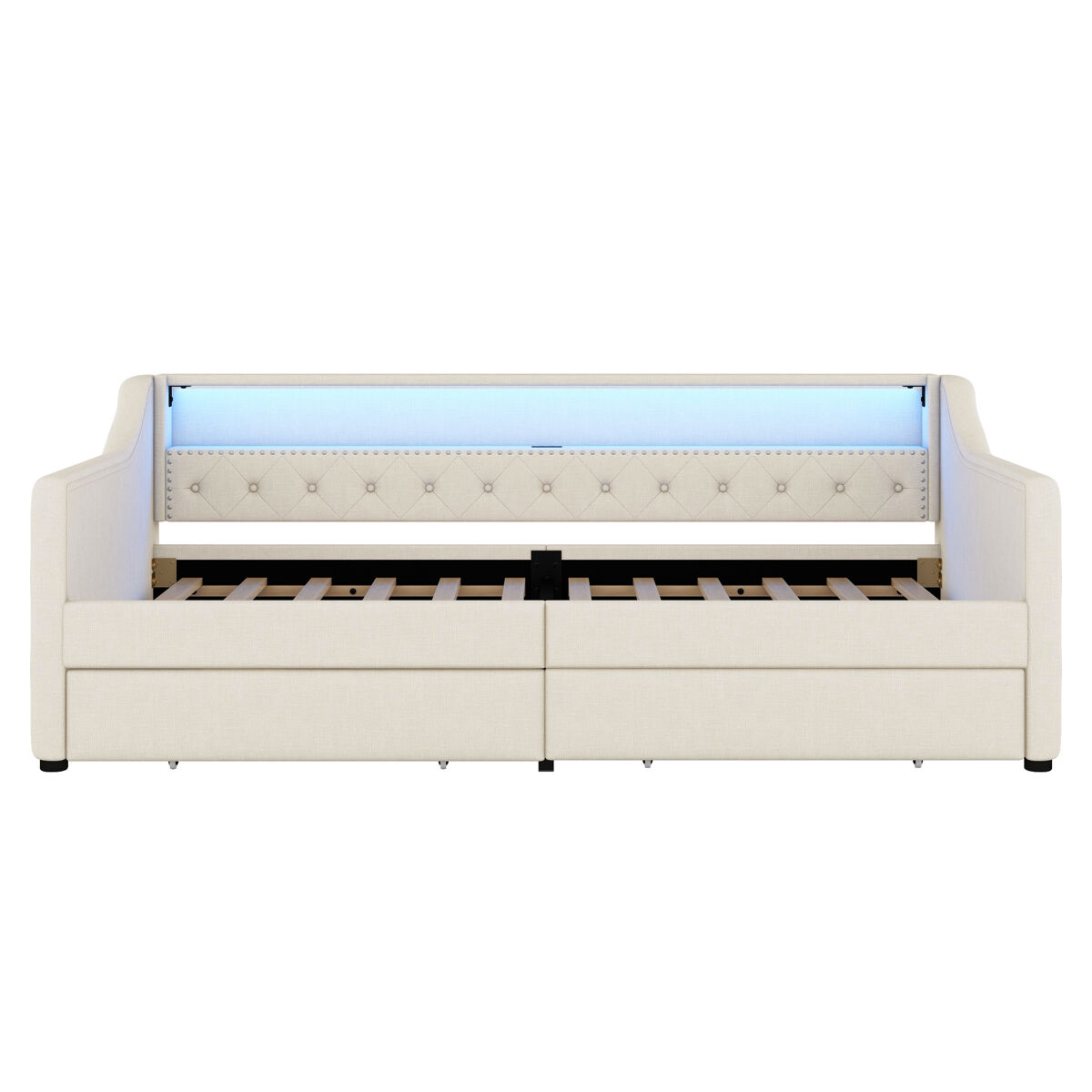 Cama de dia 90x200 cm - sofá-cama, com estrado de ripas (sem colchão), luz ambiente com comando, duas gavetas, porta usb - bege