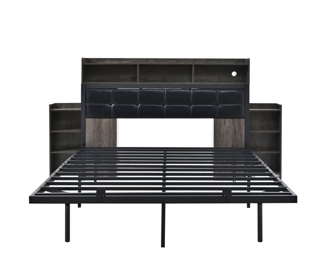 Cama de casal 140x190 cm - com cabeceira, 2 mesas de cabeceira removíveis, led, usb/tipo c, cinzento