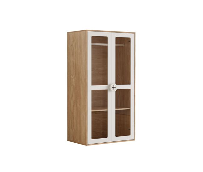 Armário infantil 80x50x150 cm - 2 portas, prateleiras ajustáveis, puxadores em madeira - natural+branco