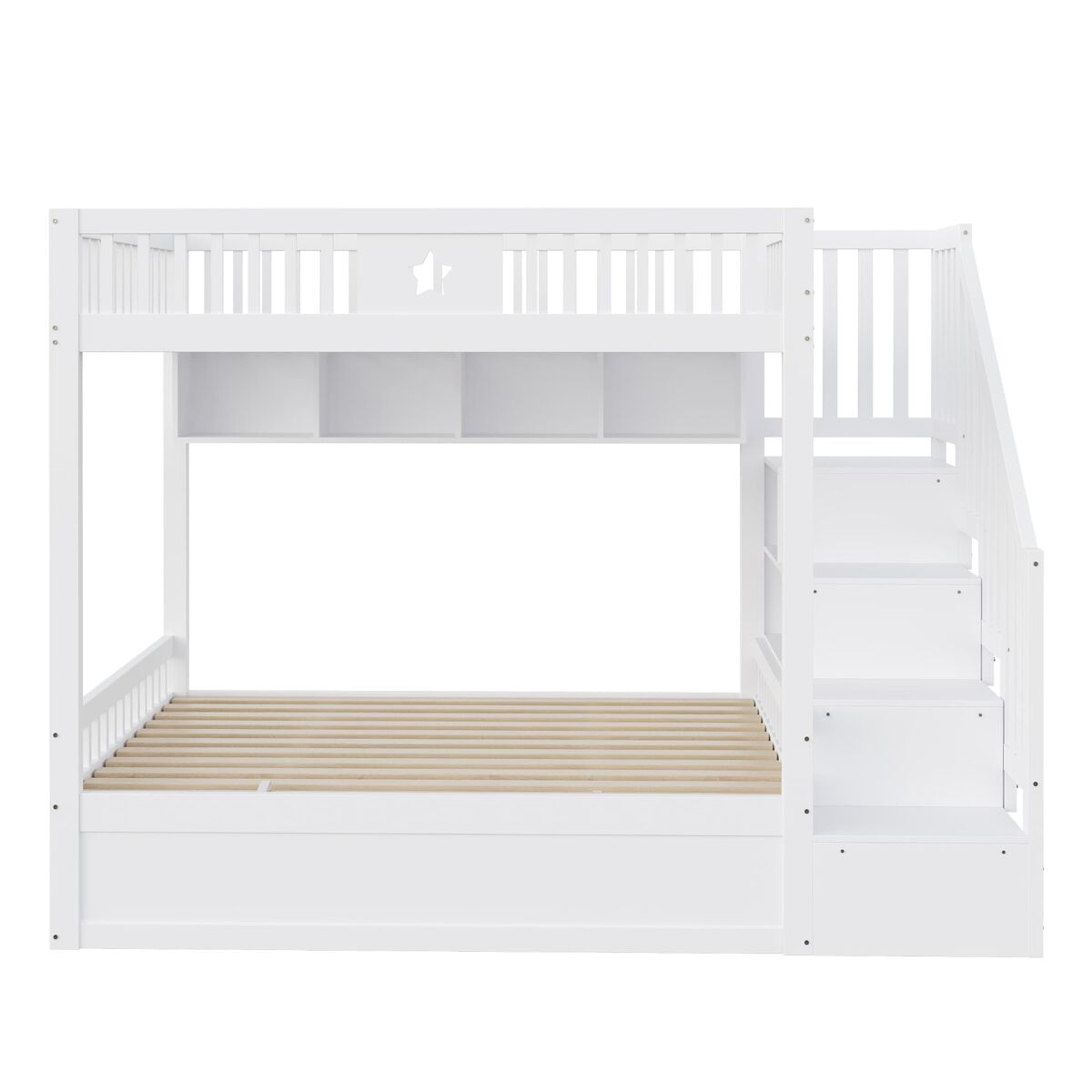 Cama juvenil 140x200 cm - altura com sistema hidráulico, escada com arrumação e prateleiras - branco
