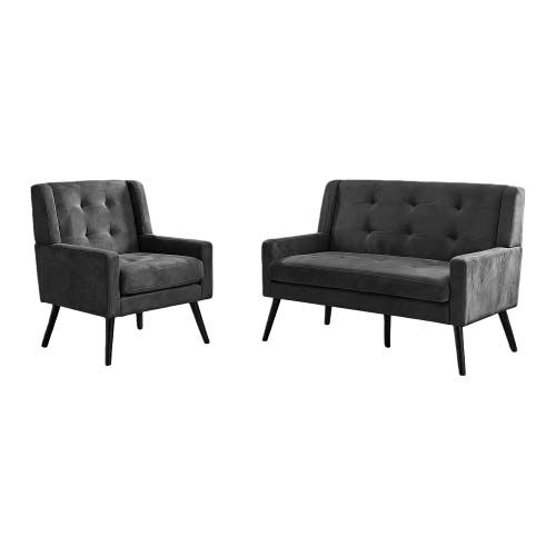 Conjunto de poltronas decorativas de 1 e 2 lugares - espuma de alta densidade, pernas de madeira - cinza escuro