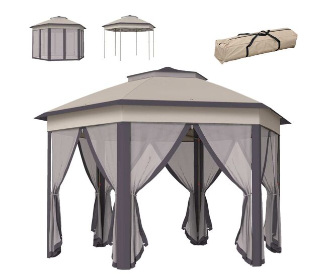 Outsunny tenda dobrável 4x3,4 m tenda de jardim hexagonal com duplo teto 6 mosquiteiras destacáveis e saco de transporte impermeável anti-uv para