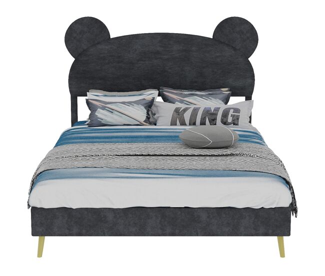 Cama infantil estofada 140x200 - cabeceira macia com desenhos, base baixa sem arrumação - cinza