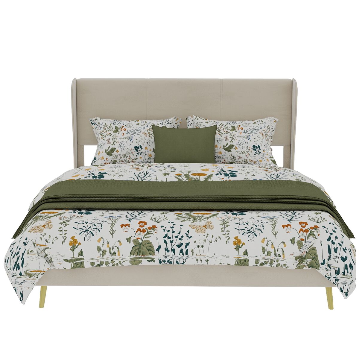 Cama estofada 140x200 cm - minimalista moderna, cabeceira acolchoada, base baixa, bege