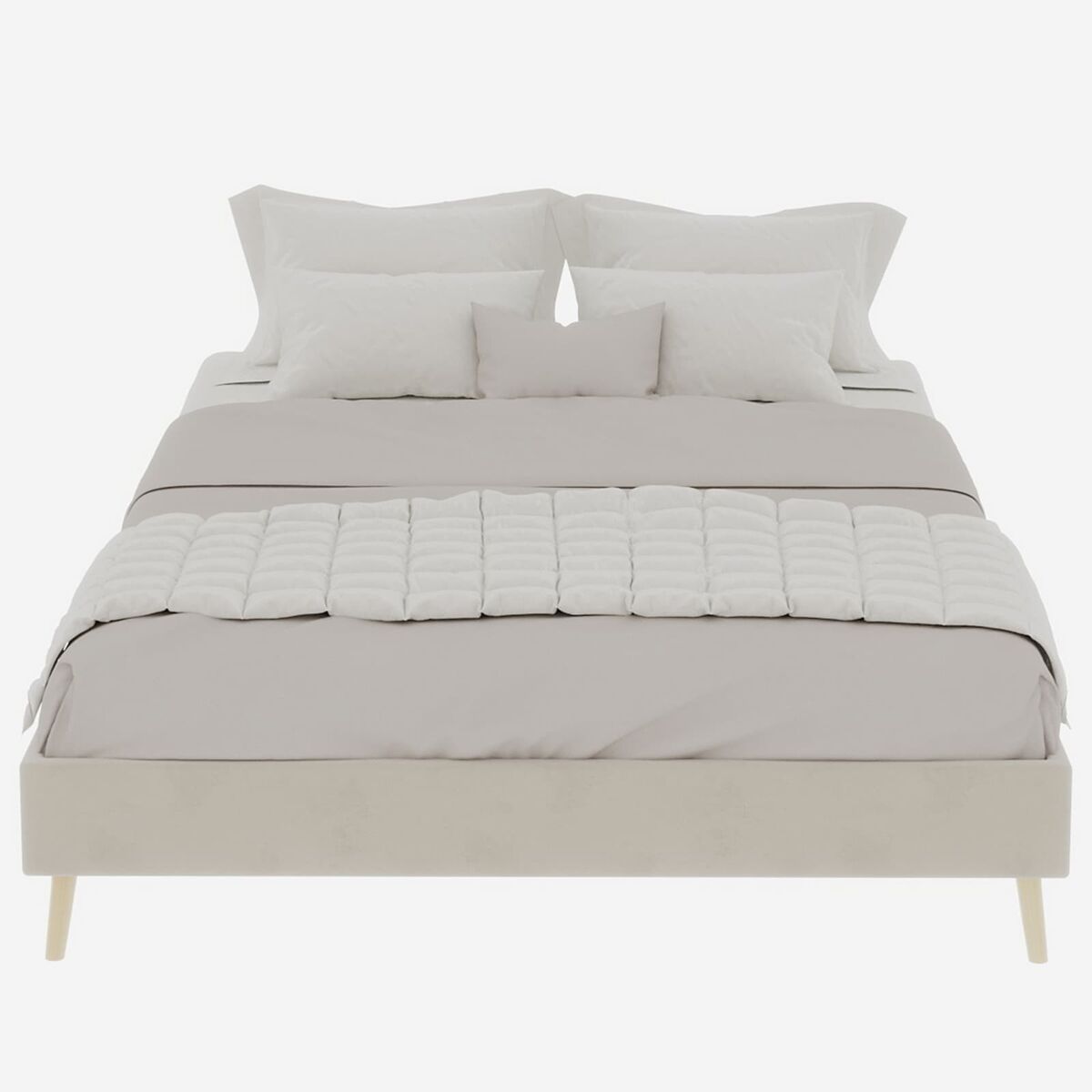 Cama moderna minimalista 140x200 - base baixa, tecido veludo holandês - bege