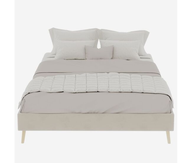 Cama moderna minimalista 140x200 - base baixa, tecido veludo holandês - bege