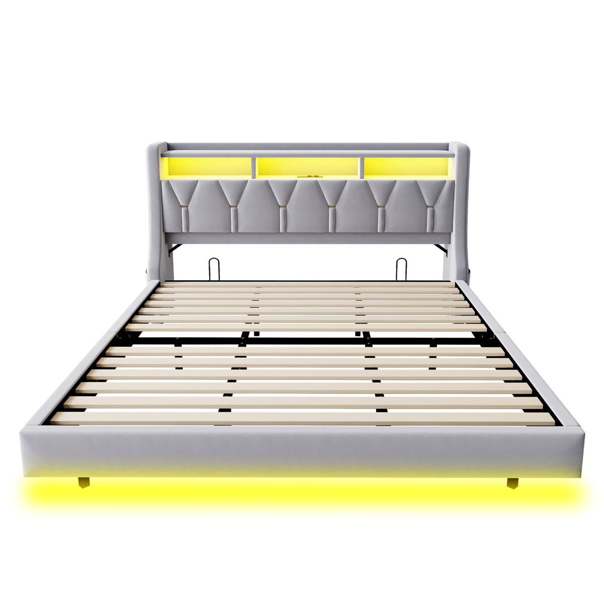 Cama estofada 180 x 200 cm - encosto rebatível com tomada e compartimento, iluminação led, pés largos, design flutuante, veludo cinza claro