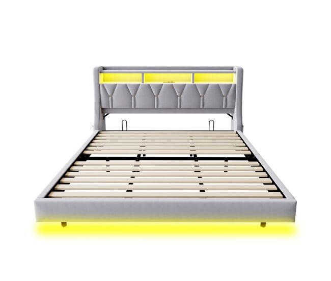 Cama estofada 180 x 200 cm - encosto rebatível com tomada e compartimento, iluminação led, pés largos, design flutuante, veludo cinza claro