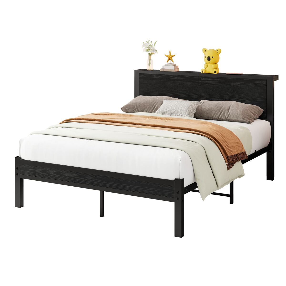 Cama metálica 140x200 cm - cabeceira com arrumação, silenciosa - preta