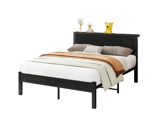 Cama metálica 140x200 cm - cabeceira com arrumação, silenciosa - preta