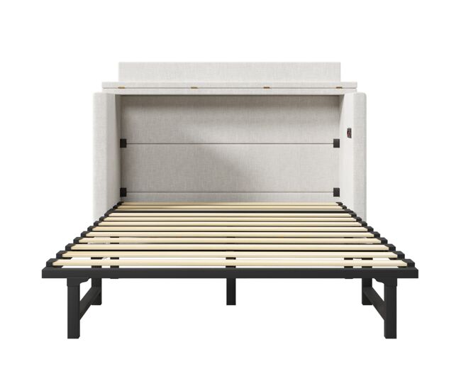 Cama armário 140x200 - com gaveta, ligações usb e tipo-c, plataforma convertível, sem colchão - bege
