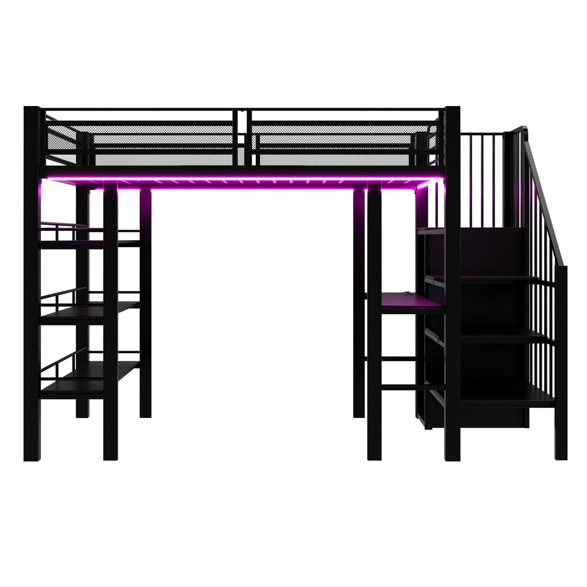 Cama alta 90x200 - com luz led, tomada, prateleira e estante, multifuncional - preta