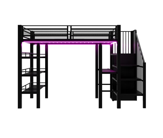 Cama alta 90x200 - com luz led, tomada, prateleira e estante, multifuncional - preta