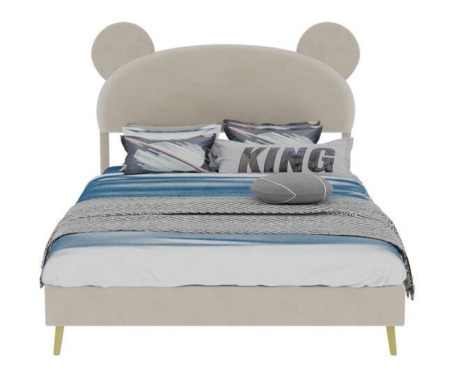 Cama estofada minimalista 140x200 - cabeceira de pelúcia com desenhos animados - bege