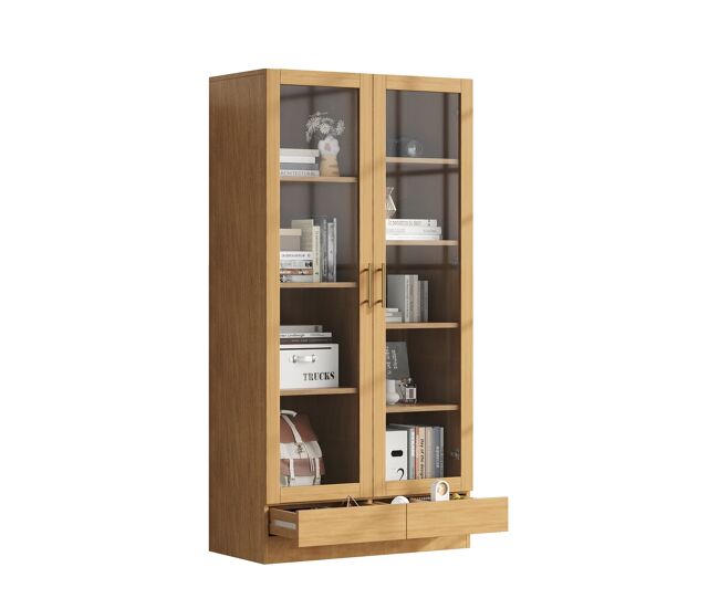Vitrine de vidro 80x40x160 cm - prateleiras fixas deslocadas, gavetas push-to-open - madeira natural