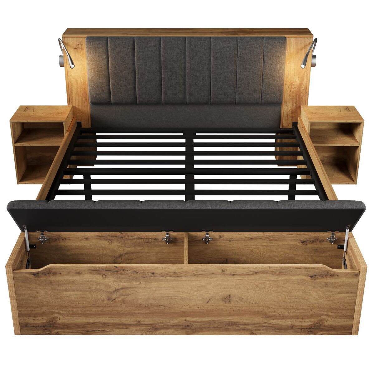 Cama de casal 160x200 cm - com arrumação, cabeceira rebatível, usb e colchão - carvalho