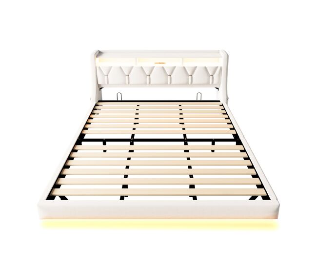 Cama estofada 180 x 200 cm - cabeceira rebatível com tomada elétrica e prateleira, iluminação led, pés ampliados, design flutuante, tecido de veludo