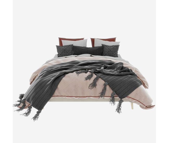 Cama minimalista moderna 160x200 - base baixa, veludo holandês - bege