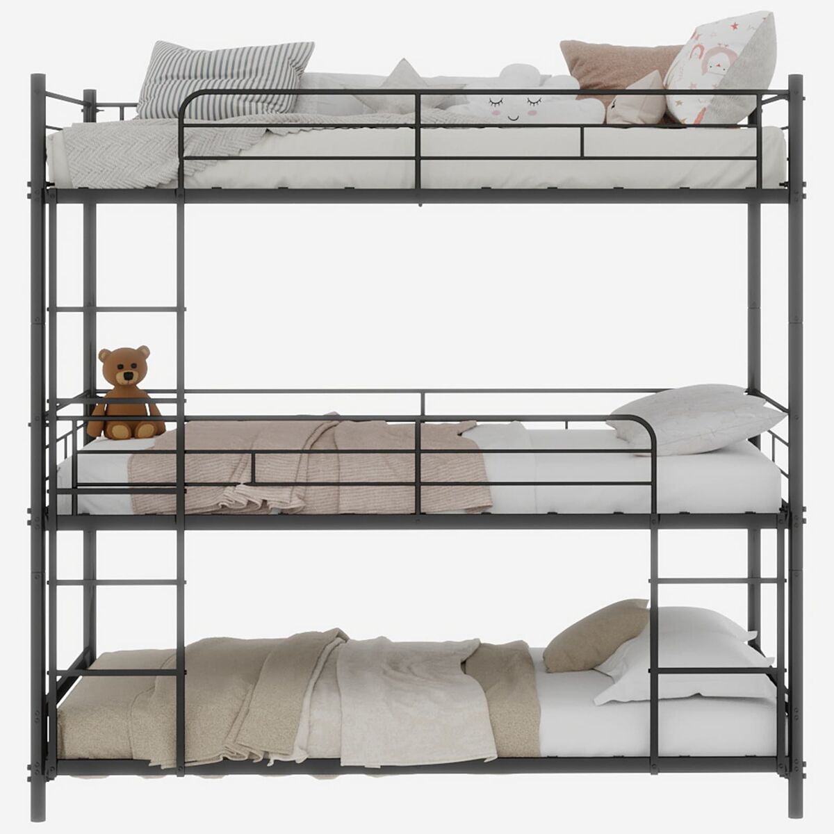 Cama tripla para 3 pessoas - estrutura metálica com escada e corrimão - preta