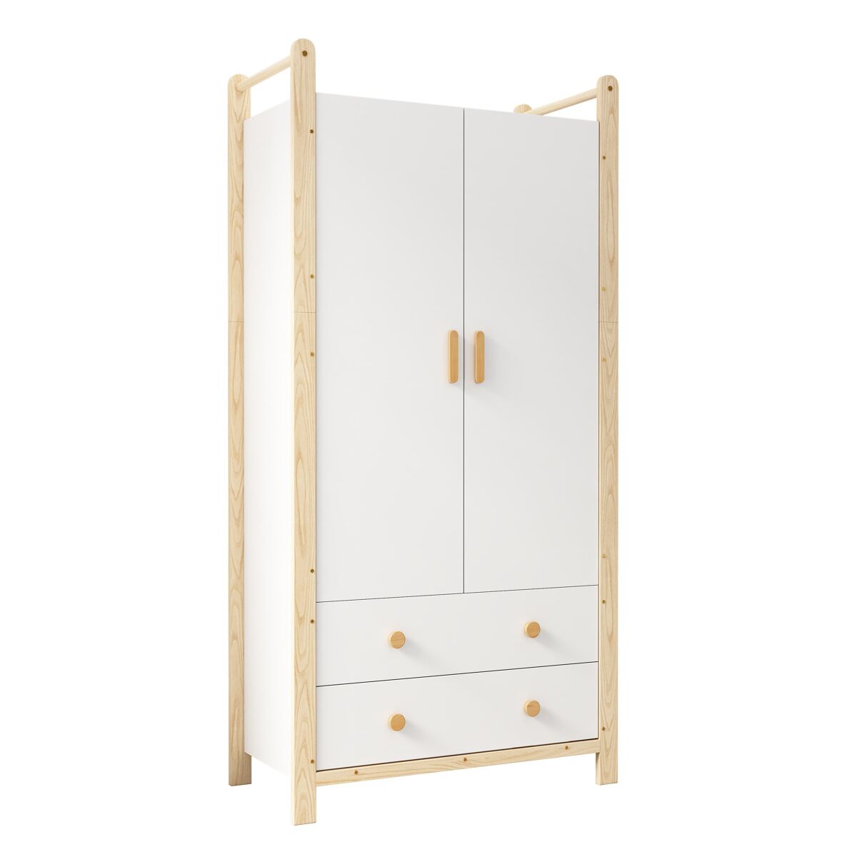 Armário 90x45x180 cm - 2 portas, com barra e 2 gavetas, para quarto e sala - branco+natural