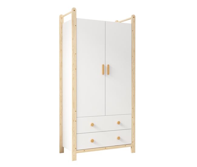 Armário 90x45x180 cm - 2 portas, com barra e 2 gavetas, para quarto e sala - branco+natural