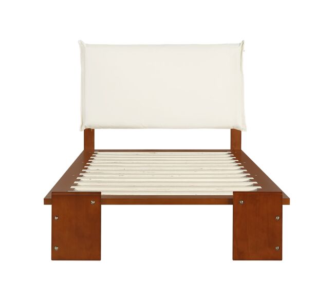 Cama individual 90x200 cm - encosto acolchoado, ripas robustas, pés largos - castanho escuro