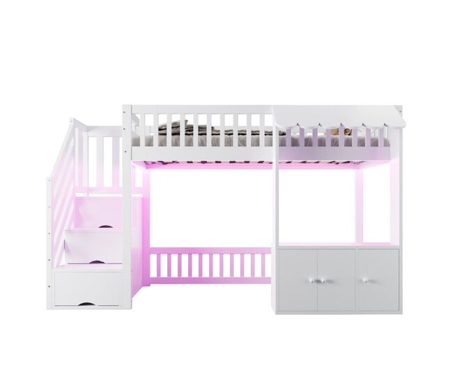 Cama alta de madeira 90x200 cm - armário e escada com arrumação, led, design com rebordos - branco