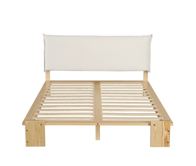 Cama individual 140x200 cm - cabeceira acolchoada, base estável, pés largos - natural
