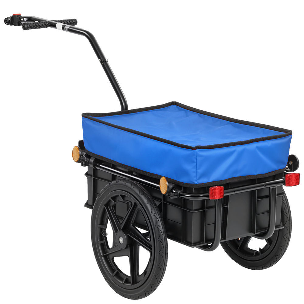 Homcom reboque de bicicleta para carga 40 kg carrinho de mão com cobertura de tecido oxford impermeável refletores estrutura de aço e alças para transporte de bagagens 144x59x80 cm azul