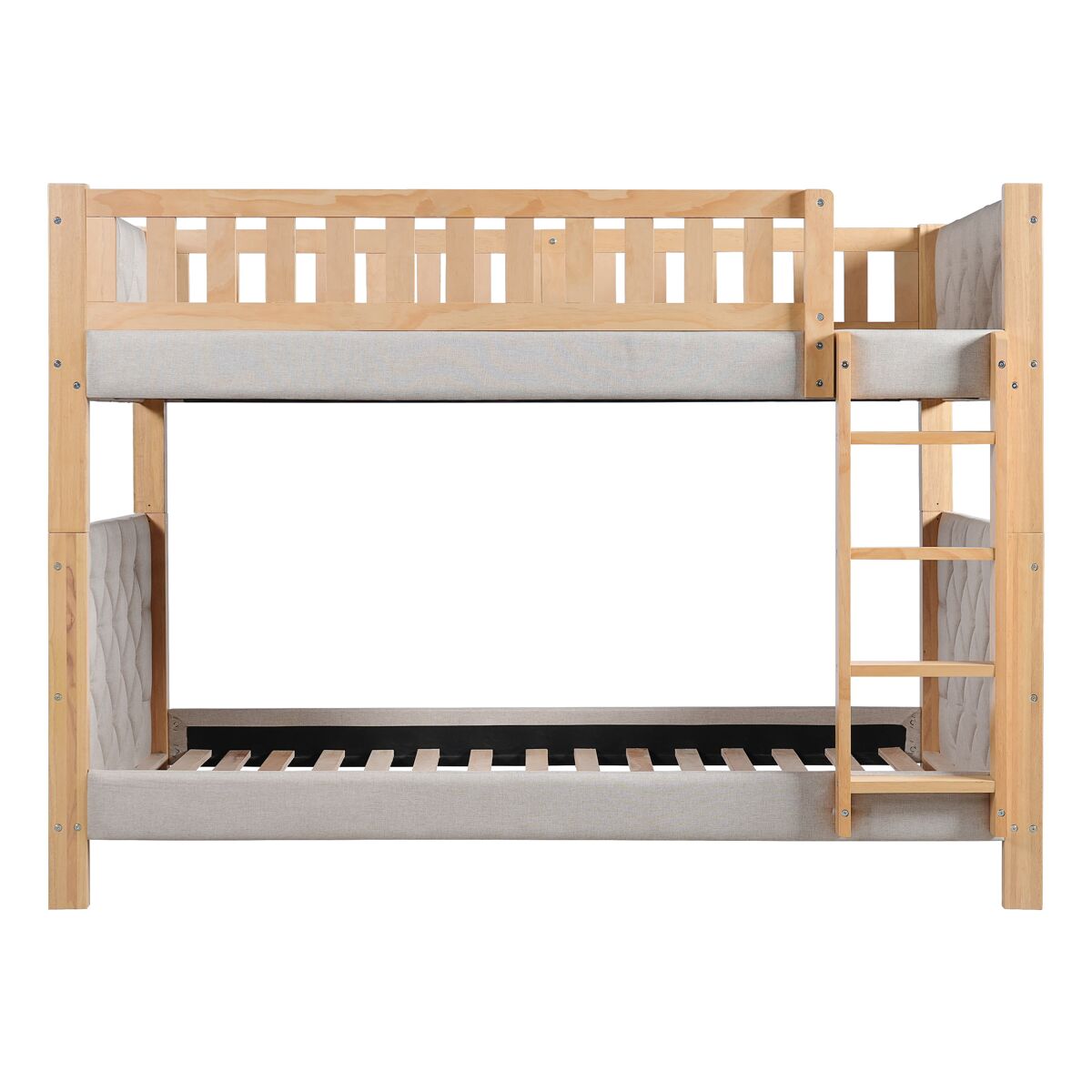 Cama alta infantil 90x200 - escada reta de 4 degraus, bordas acolchoadas, madeira resistente - cinza+natural