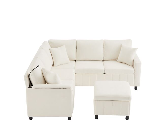 Sofá de canto para 4 pessoas 205x205 cm - chenille, cama, pufe, candeeiro, usb/type-c, mesa oculta - bege