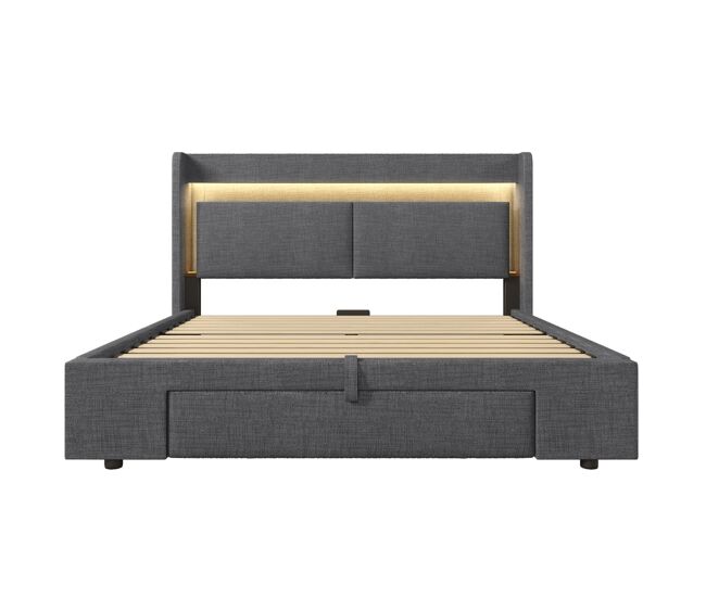 Cama estofada 140x200 cm - armazenamento hidráulico, led, usb/usb-c, cabeceira com gaveta - cinza
